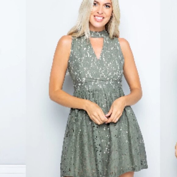 Sexy Olive Green Lace Mini Dress - L - Picture 4 of 7